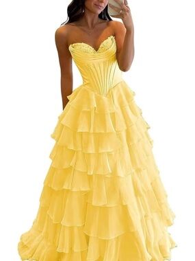 Strapless Yellow Ruffled Ball Gown Dress